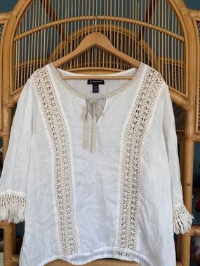 INC White Linen Crochet-Trim Tie-Neck Tunic
